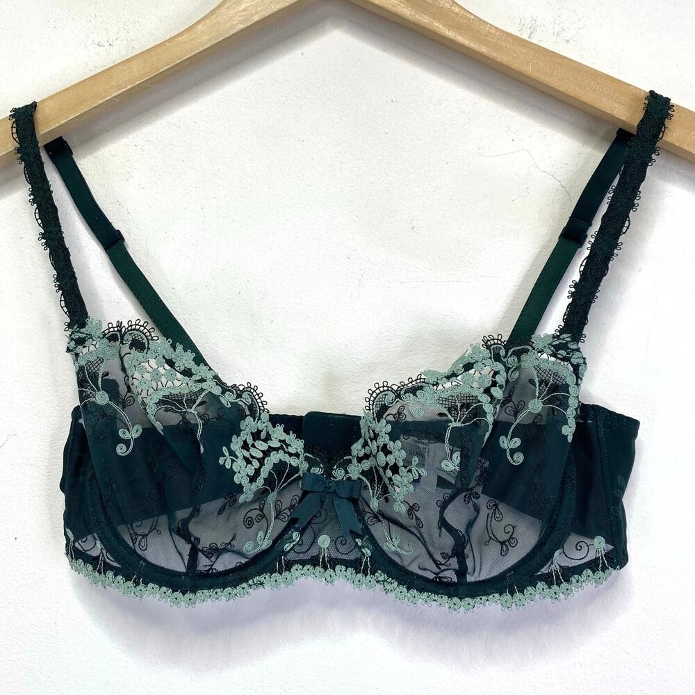 Simone Perle Wish Floral Embroidered Demi Bra Sz 36C Sheer Kolsai Green Jaquard